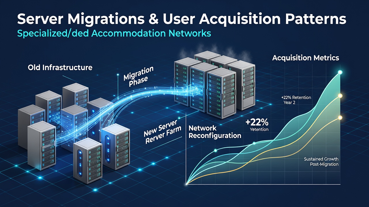Server Migrations in Specialized Accommodation Networks and Their Effects on Long-Term User Acquisition Patterns